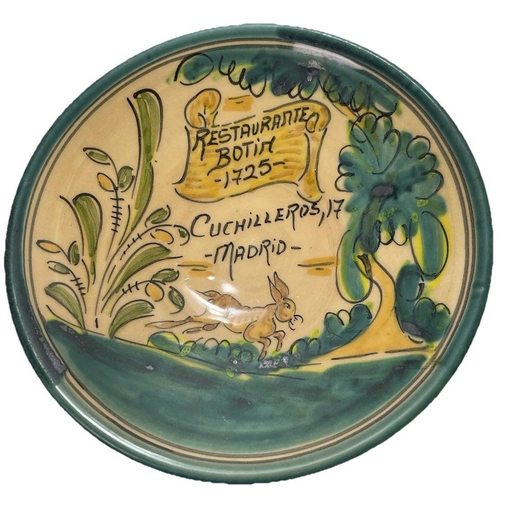 Vintage Madrid Restaurante Botin Hand-Painted Folk Art Rabbit Signed 9" Plate